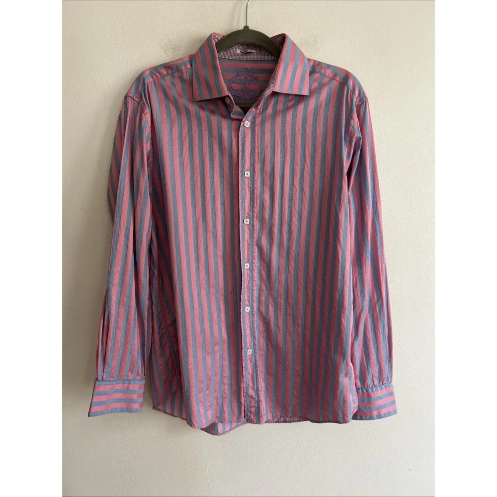 Bugatchi Long Sleeve Button Up Shirt Flip Cuff  Stripe Men's Large Shaped Fit‎